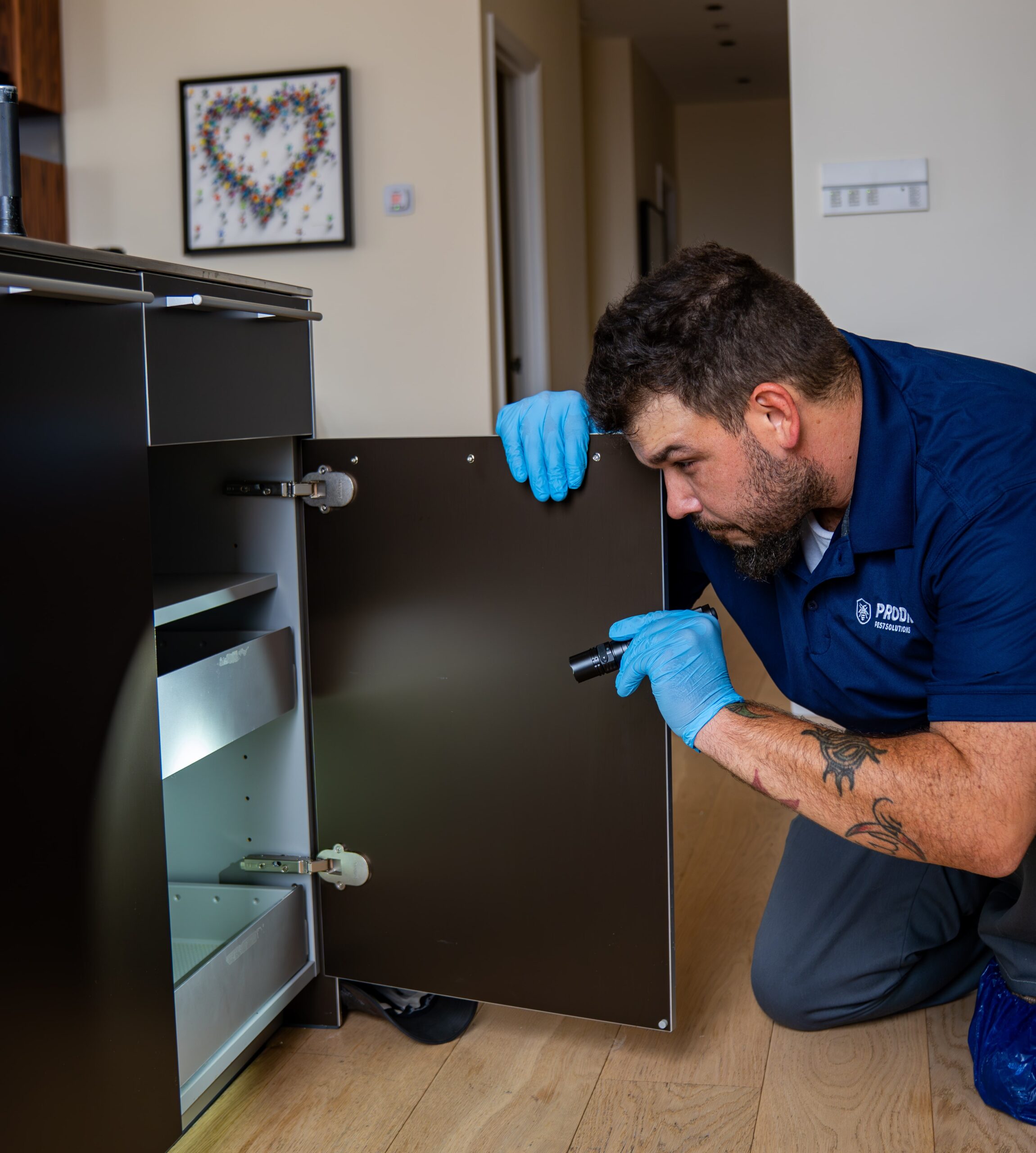 Prodigy technician inspecting under a kitchen cabinet with a flashlight