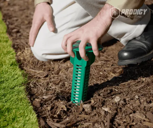 Close-up of a green termite bait station being placed into mulch